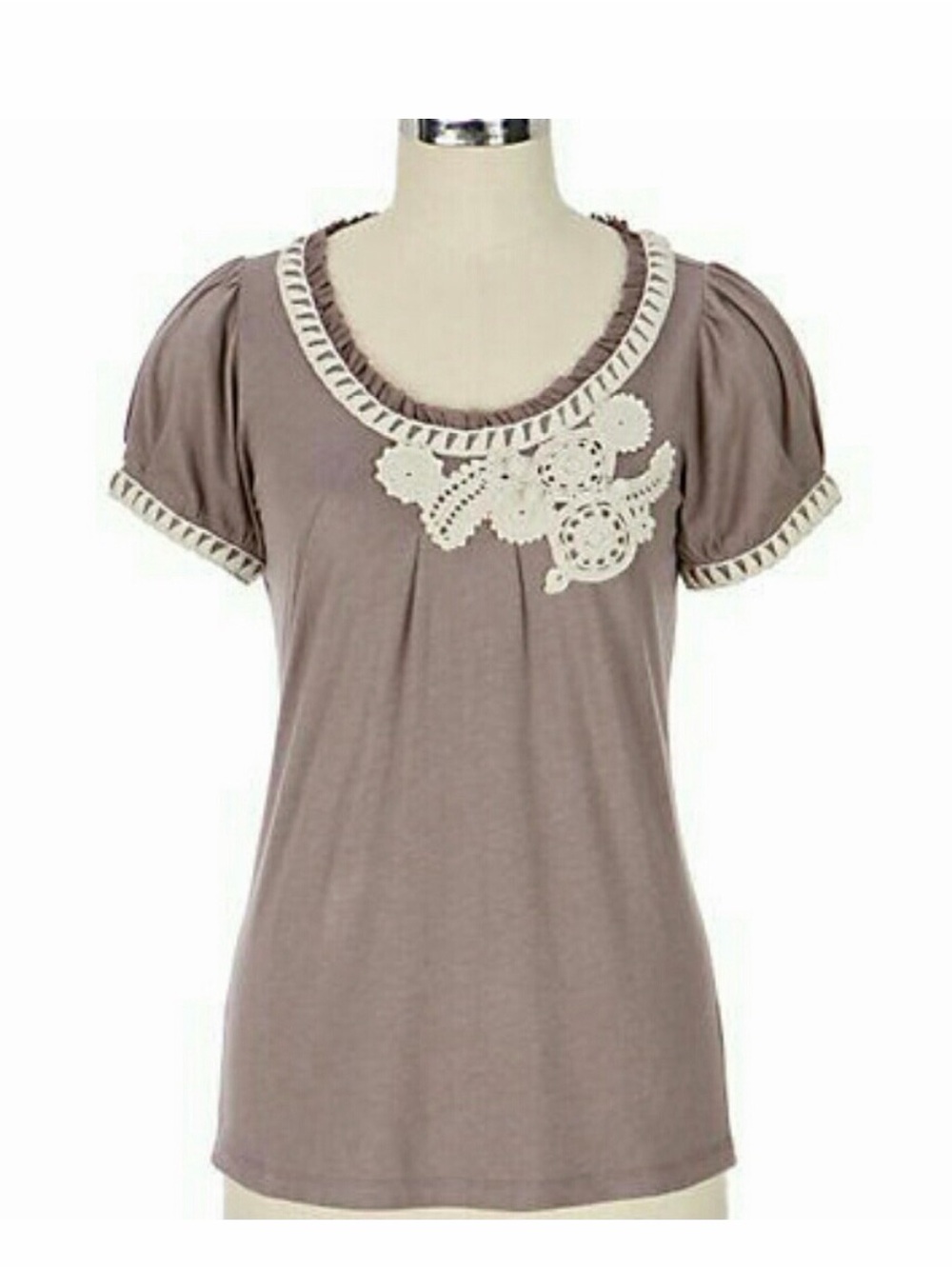 Anthropologie Taupe Short Sleeve Scoop Neck Top with Cream Crochet